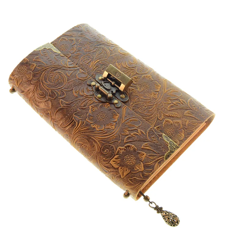 Brown Embossed Дневник с замком, записная книжка для эскизов, винтажный стиль, натуральная кожа, записная книжка, Дневник для путешествий - Цвет: Brown Embossed