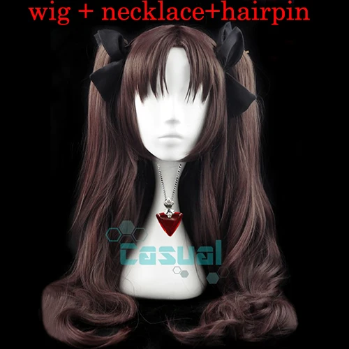 wig necklace hairpin Fate/Stay Night Рин Тосака коричневый хвост 80 см длинные волнистые термостойкие волосы косплей костюм парик+ рубиновое ожерелье+ 4 шпильки - Цвет: wig necklace hairpin