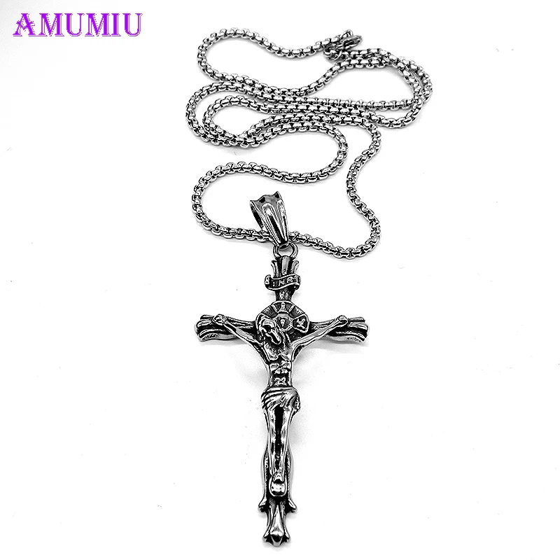 

AMUMIU Mens Stainless Steel Silver Cuban Big Jesus Cross Crucifix Pendant Necklace Chain Link Male Accessories P052