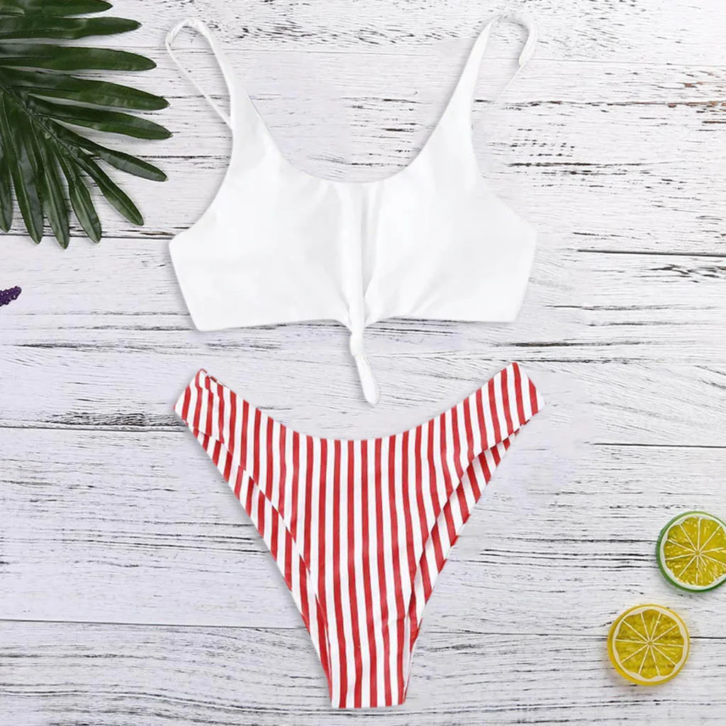 Летний женский купальник в полоску с принтом однотонный Белый Топ Раздельный два