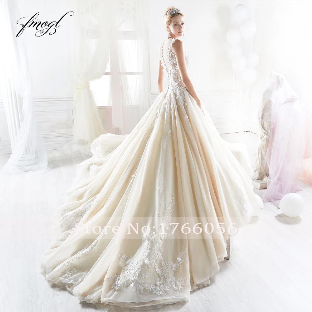 Fmogl Vestido De Noiva кружевное свадебное платье принцессы Элегантные аппликации цветной бисер пуговицы Винтаж линии свадебное платье