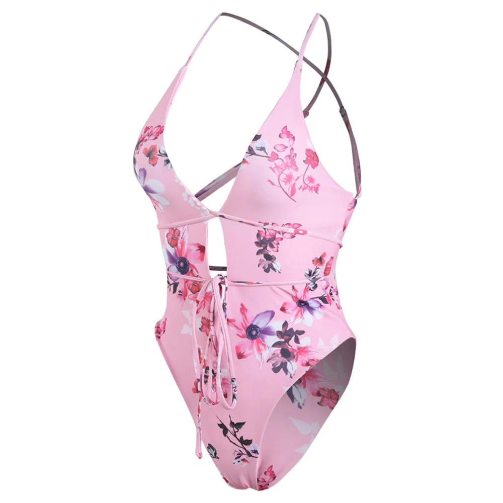 Exclusive Design Sexy Floral Print Swimsuit Women Bandage Backless One Piece Halter Top Beachwear Swimwear Bathing Suit |