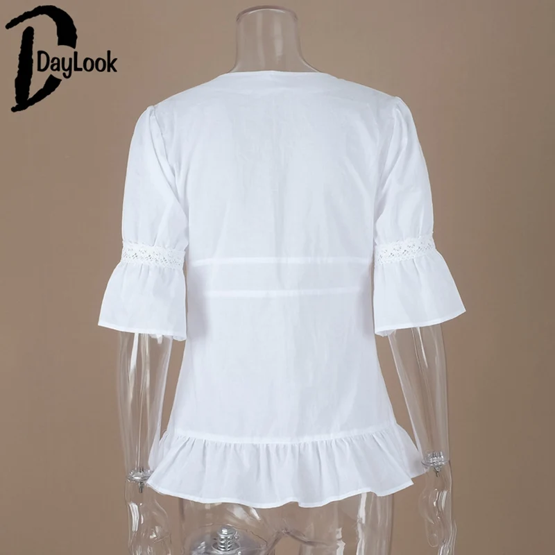 Daylook Elegant ruffles button white blouse cotton Vintage short sleeve lace tops 2018 summer femme blusas shirts tube top |