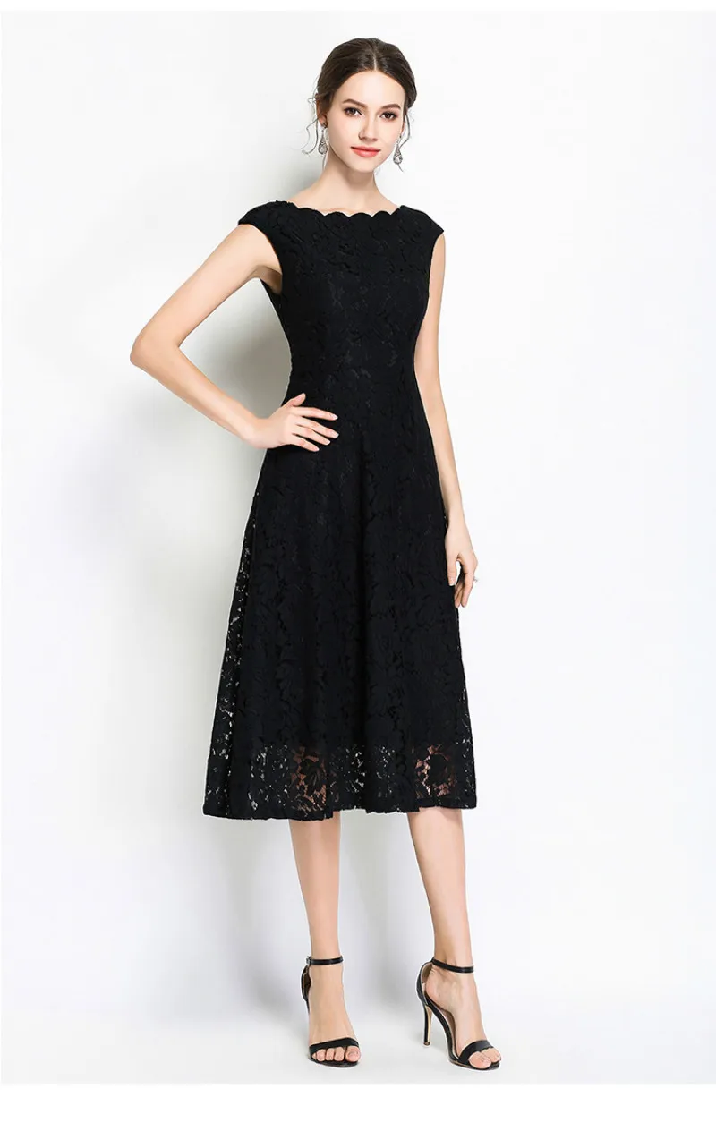 2018 New Summer Fashion Women's Clothing Ruffles Slash Neck Sleeveless Dress Solid Color Vintage Long Lace Dresses Female | Женская