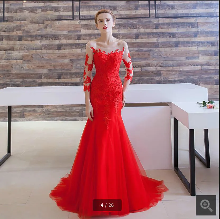 2016 Элегантные Русалка Кружева аппликация Формальные Выпускные платья 3/4 рукав