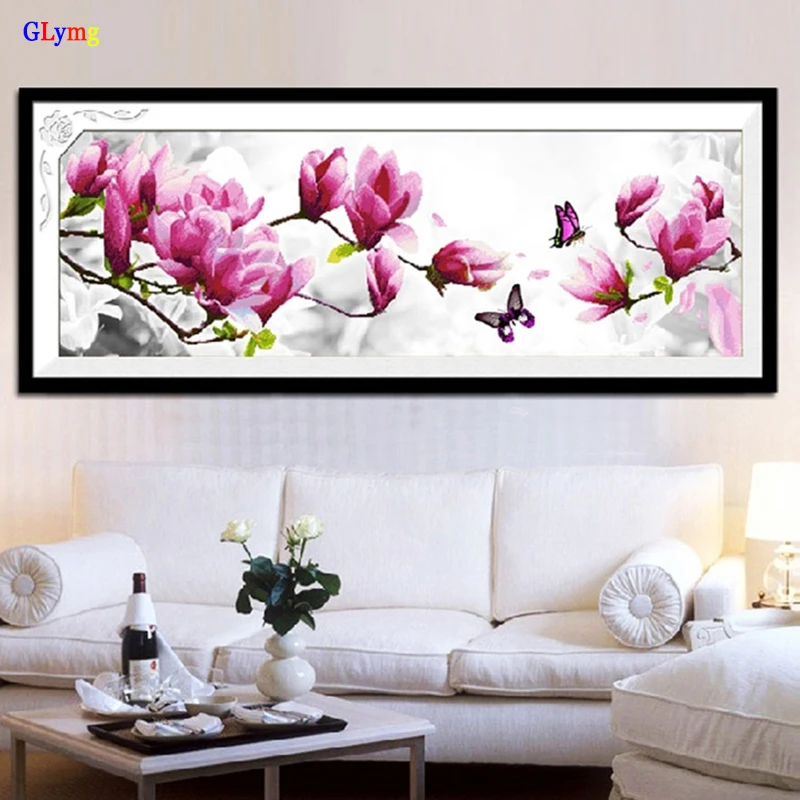 

GLymg Diy Chinese Cross Stitch Butterfly Magnolia Cotton Thread Embroidery Cross-Stitch Painting Flowers Mosaic Gift Home Decor