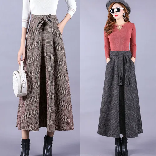 Модная длинная клетчатая юбка весна-осень 2019 трапециевидная с высокой талией