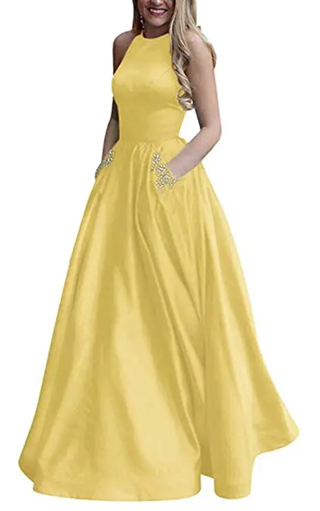 Yellow(with beads) Menoqo Новое поступление сексуальные вечерние платья Vestido de Festa А-силуэт платье для выпускного Расшитое бисером карманы Robe De Soiree - Цвет: Yellow(with beads)