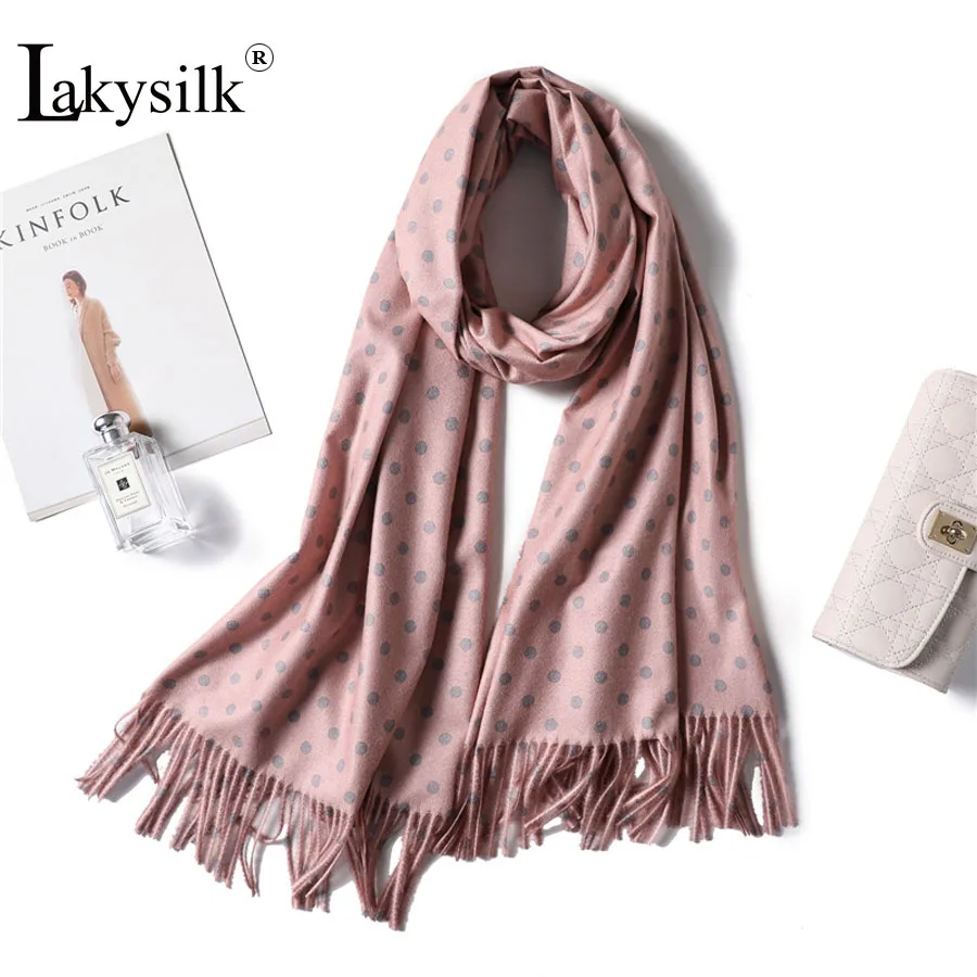 [Lakysilk] роскошный брендовый кашемировый шарф для женщин, женский зимний теплый мягкий шарф в горошек с кисточками, Длинные розовые шарфы и палантины