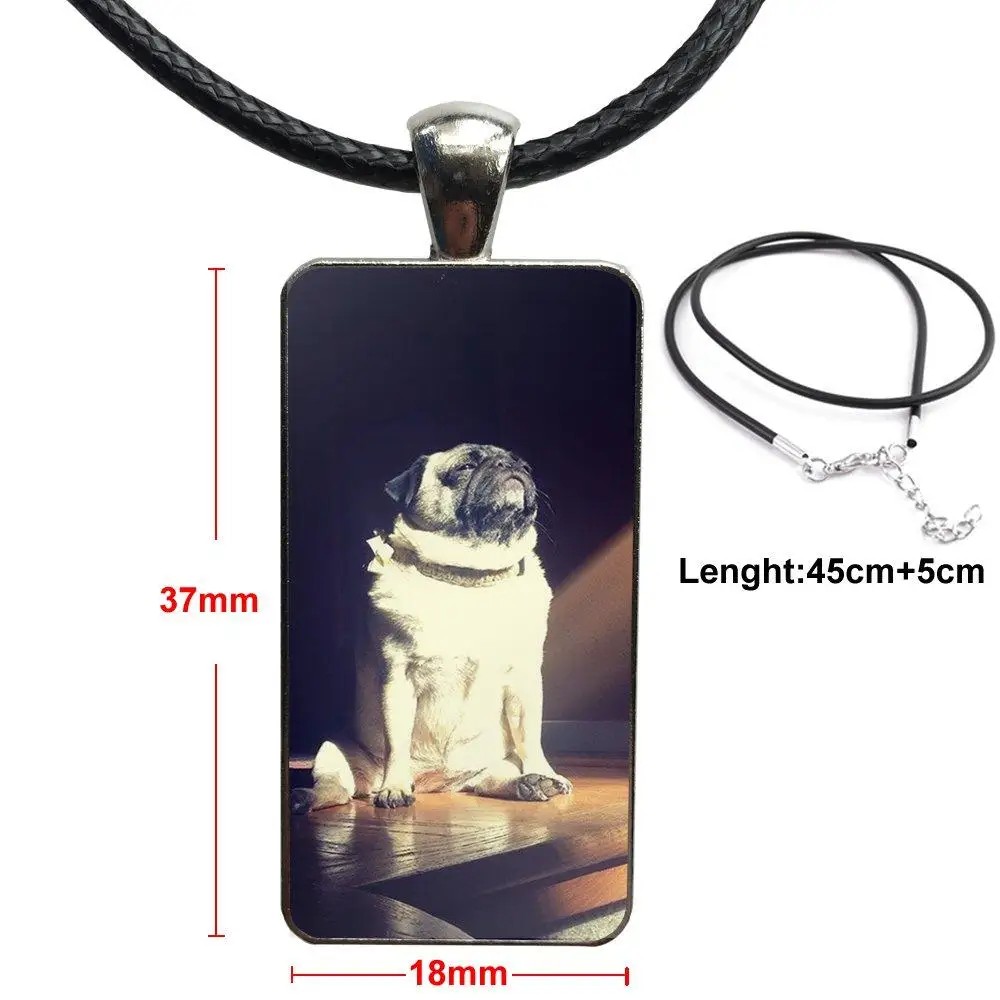 Cute Animal Pug Life Dog Cool Painted For Women Girls Glass Pendant Necklace Handmade Half Rectangle |