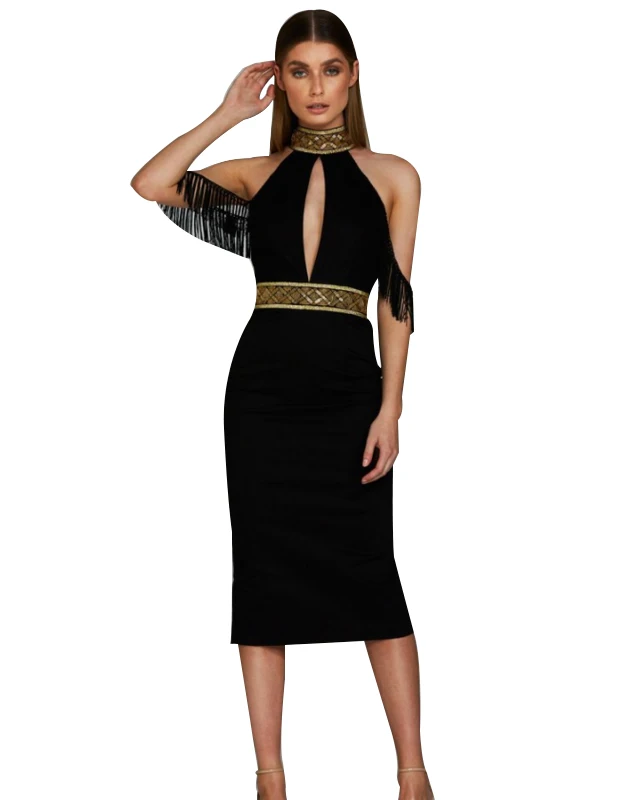 Лето женщины черный o шеи с плеча кисточкой колен вырезать повязку dress вечер bodycon