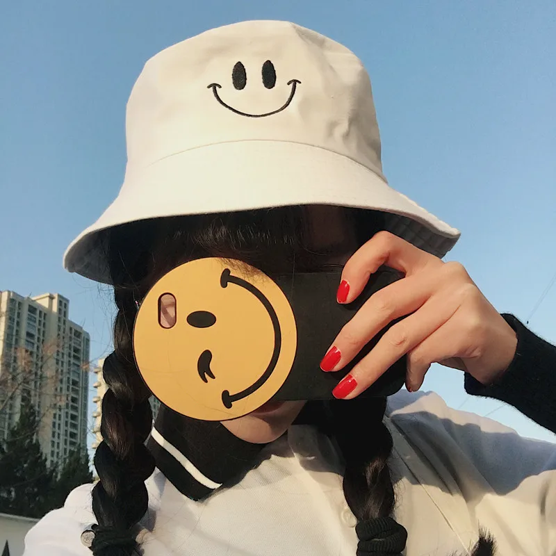 Хлопок Harajuku улыбка узор черная Рыбацкая шляпа летняя женская шапочка для