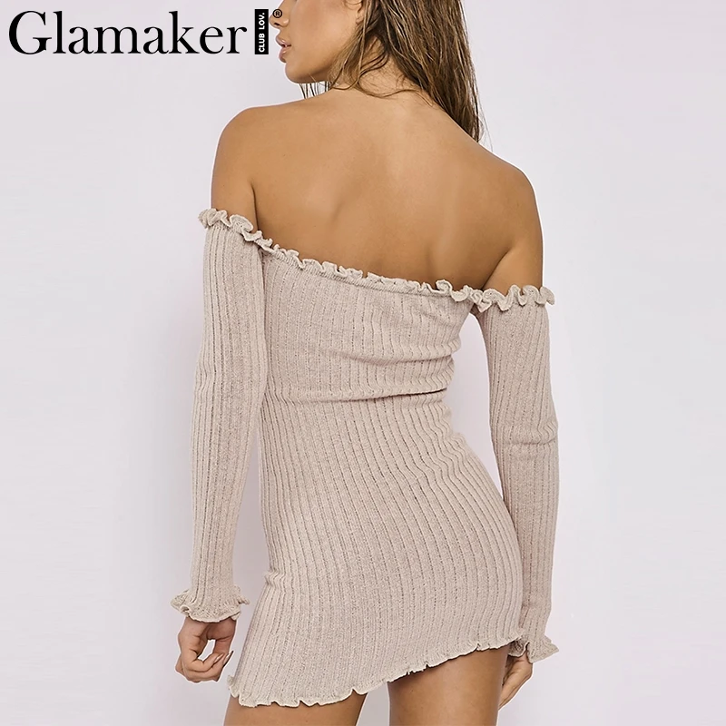 Женское трикотажное платье свитер Glamaker облегающее мини с открытыми плечами и
