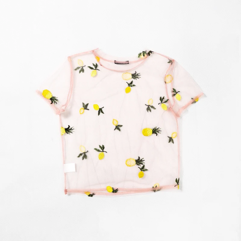 Mostnica Summer Beach Transparent Mesh T-shirt for Woman Sexy Pineapple and Lemon Embroidery Short Sleeves Sheer Lady Tops 2019 | Женская