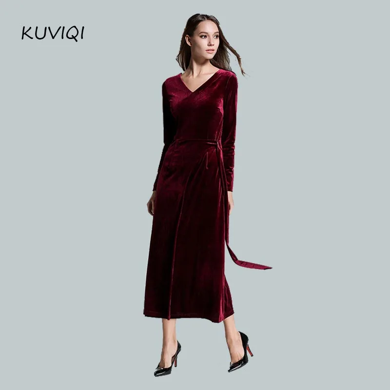 Europe and the United States high-end new V-neck long-sleeved Slim was thin velvet long dress female | Женская одежда