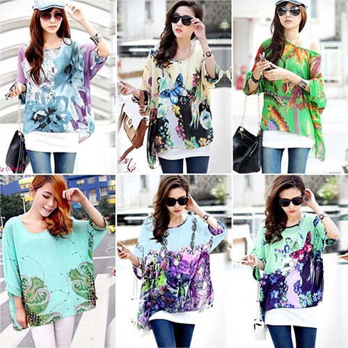 Для женщин летние богемные рукав &quotлетучая мышь&quot шифон склонны плечо блузка
