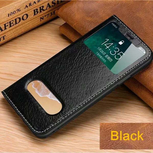 black Чехол с окошком из натуральной кожи для iphone X, XS, XR, XS, Max, настоящая кожа, бесплатный ответ, чехол для iphone 6, 6s, 7, 8 plus, полная защита кожи - Цвет: black