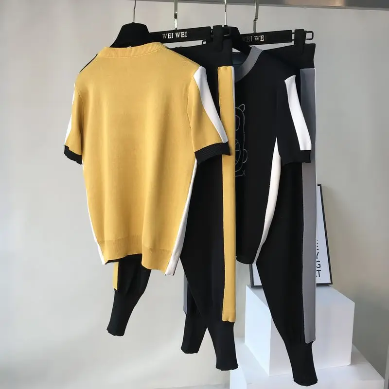 ALPHALMODA трикотажные брюки костюм консервативный Стиль Милая Вышивка Мультфильм женский Забавный с коротким рукавом свитер брюки спортивный костюм