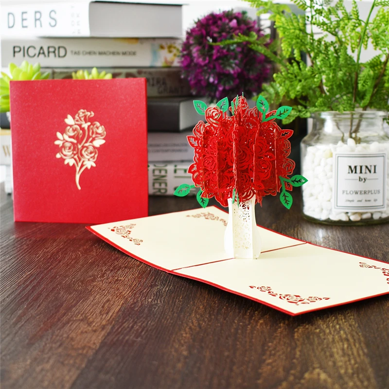 3D красные розы всплывающие карты цветы юбилей день рождения подарки с наклейки