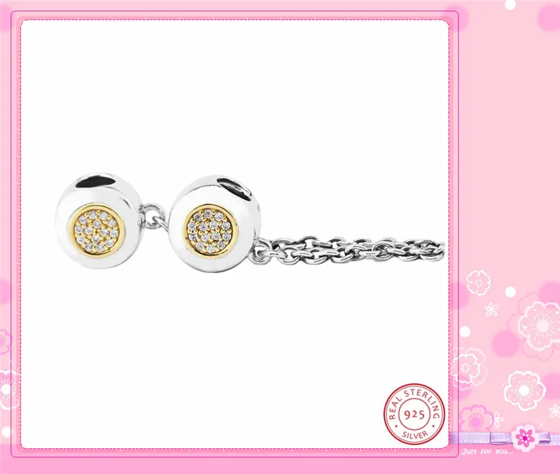 Шикарный логотип безопасная цепь с центральной 14 K золото и прозрачный CZ для женщин Изготовление ювелирных изделий DIY Fit PANDORA Подвески Серебро 925 SF020K