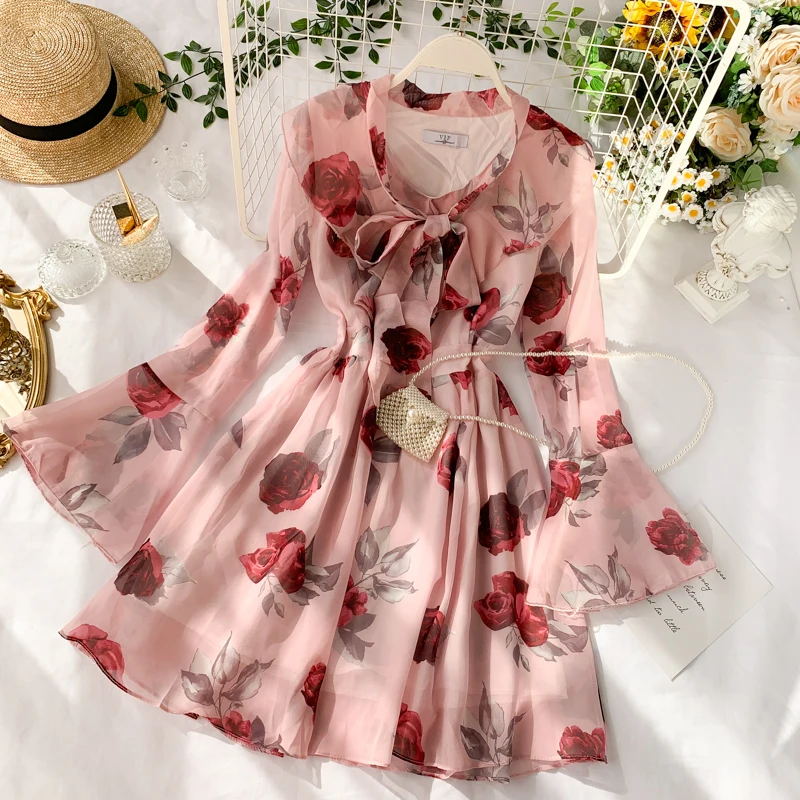 

2019 new fashion women's dresses Sweet laced ruffled collar chiffon dress temperament trumpet sleeves rose