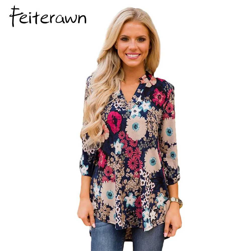 Feiterawn Floral Blouse Women Magenta Paisley Blossom Print Slight V Neck Blusas 2018 Lady Big Size Roll Up Sleeve Slit Blouses |
