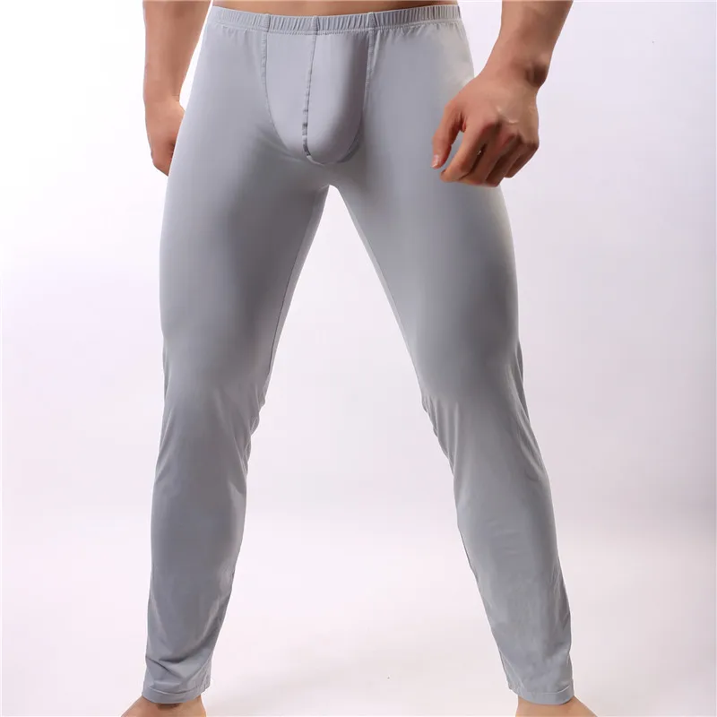 Men Long Johns Sexy Ice Silky U Convex Mens Under Pants Bottoms Pajama Middle Waist Tight Legging Pouch Warm Long Johns