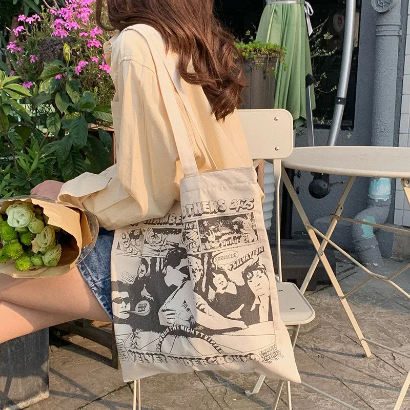 Bolso de hombro de lona para mujer, bolsa de mano de tela de algodón puro ecológico Simple con estampado de pintura, de compras