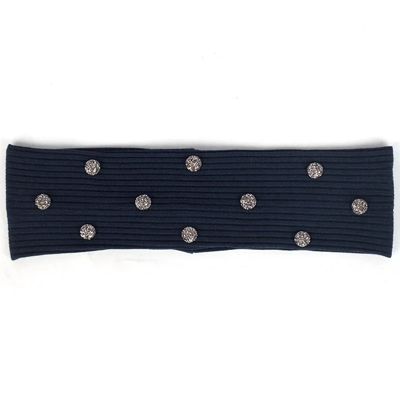 Navy Gray 7 см Женская Повседневная полосатая повязка на голову с бусинами аксессуары из стразов эластичная ребристая повязка на голову для девочек тюрбан хлопковый головной убор - Цвет: Navy Gray