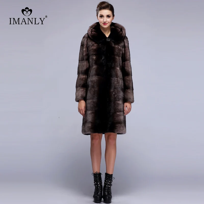Естественная Шуба плюс размер Длинное пальто с головным убором реальной кожи