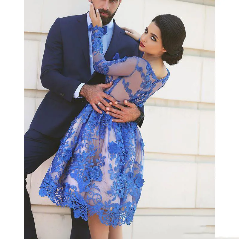 

Short Modest Pageant Dresses Arabic Jewel Neck Lace Appliques Long Sleeves Formal Gowns Elegant Tulle Royal Blue PParty Dress