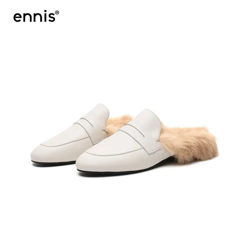 White ENNIS/ г.; Дизайнерская обувь; тапочки их меха под кролика; шлёпанцы; зимние тапочки; женские тапочки из натуральной кожи; обувь на плоской подошве; цвет черный, белый; M8140 - Цвет: White