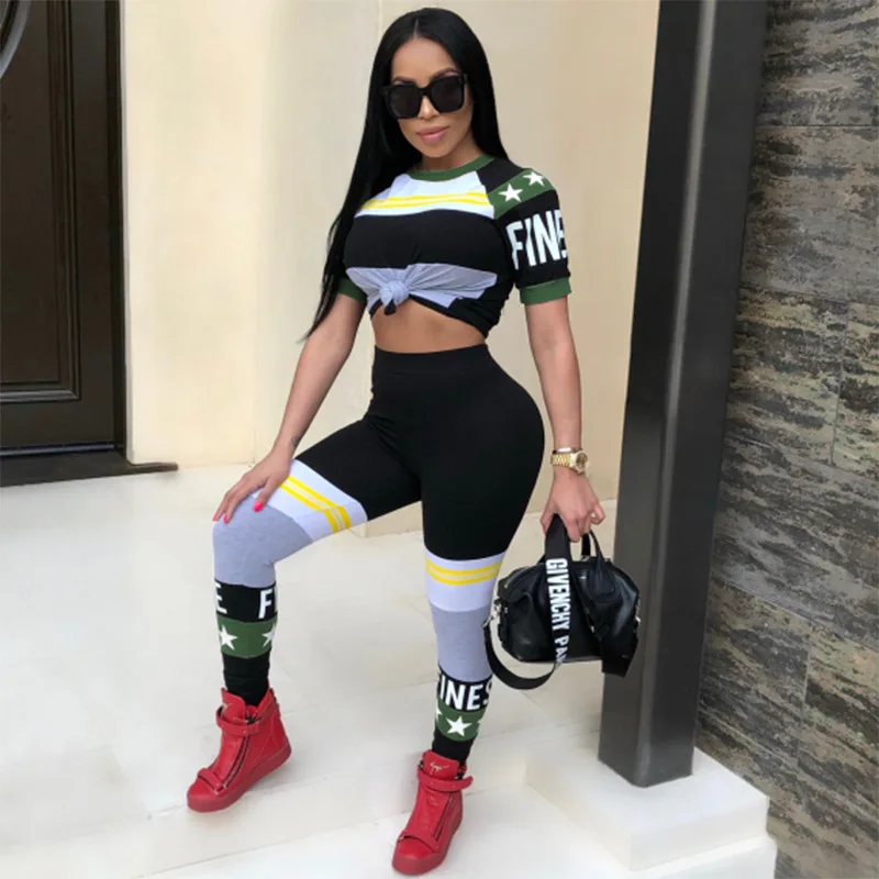 2018 г. летняя повседневная Для женщин комплекты с буквенным принтом Топ Длинные