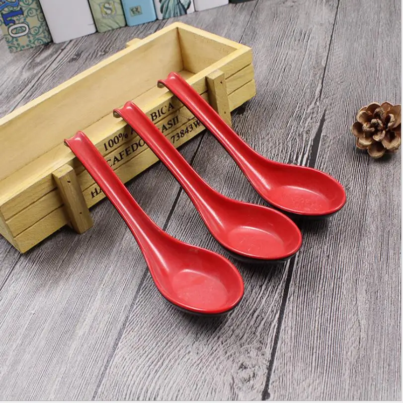 

300pcs/set Red Black Color Home Flatware Japanese Plastic Bowl Soup Porridge Spoon