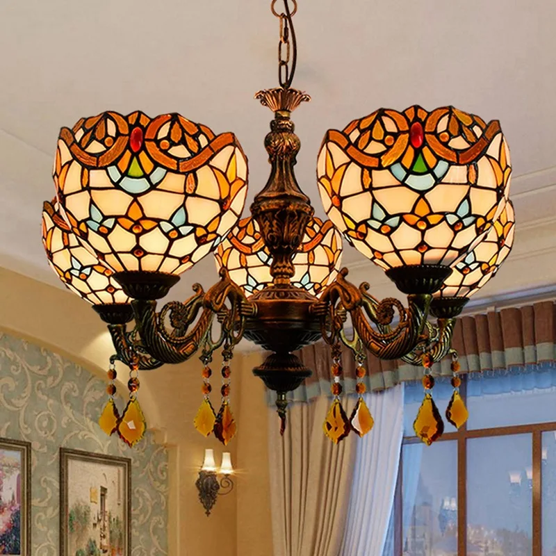 

European retro Tiffany coloured glass living room restaurant bedroom bar crystal Baroque 5 chandeliers
