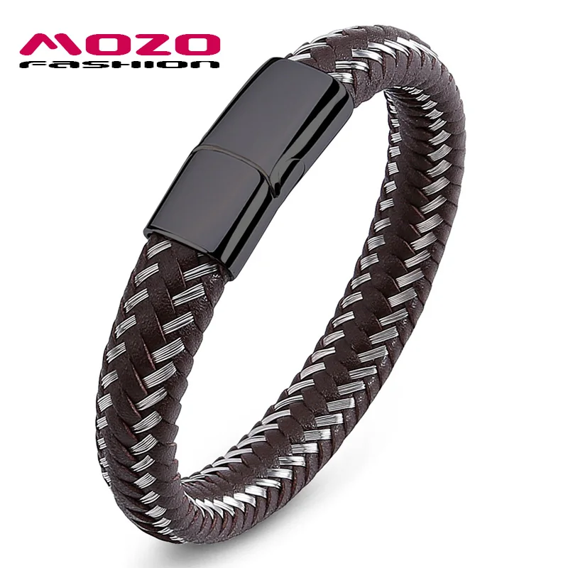 SH008-Z Mozo Fashion подвеска плетеный кожаный браслет мужские браслеты ручной работы Мода Нержавеющая сталь застежка мужской браслет на запястье - Окраска металла: SH008-Z