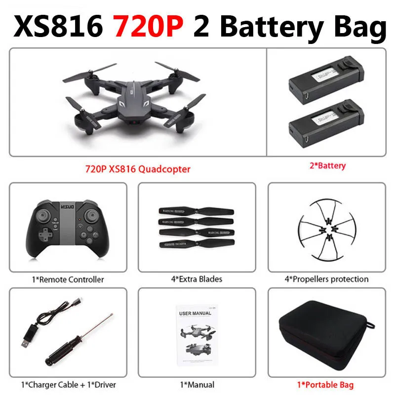 Visuo XS816 складной Дрон с двойной камерой 4K WiFi FPV селфи широкоугольный оптический поток позиционирования RC Квадрокоптер вертолет игрушки - Цвет: 720P 2 Battery Bag