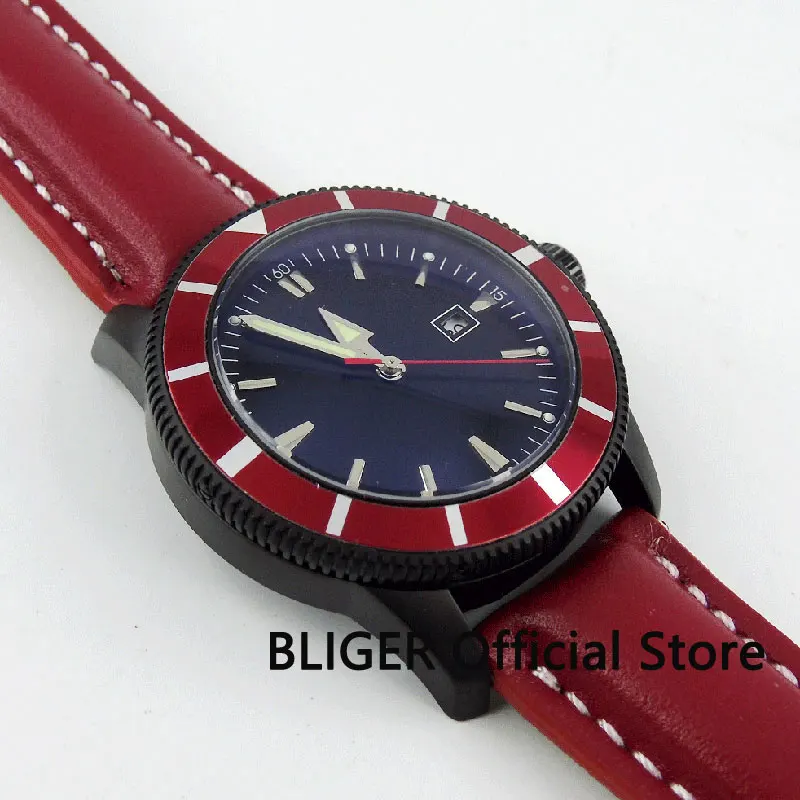 BLIGER 46MM Black Sterile Dial Red Rotating Bezel Small Second Hand Men's Watch Automatic Movement Wristwatch Luminous 128 |