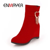 enmayer women ankle boots short boots big size 31 42 winter pointed toe med heels slip on stretch fabric fashion boots cr1333
