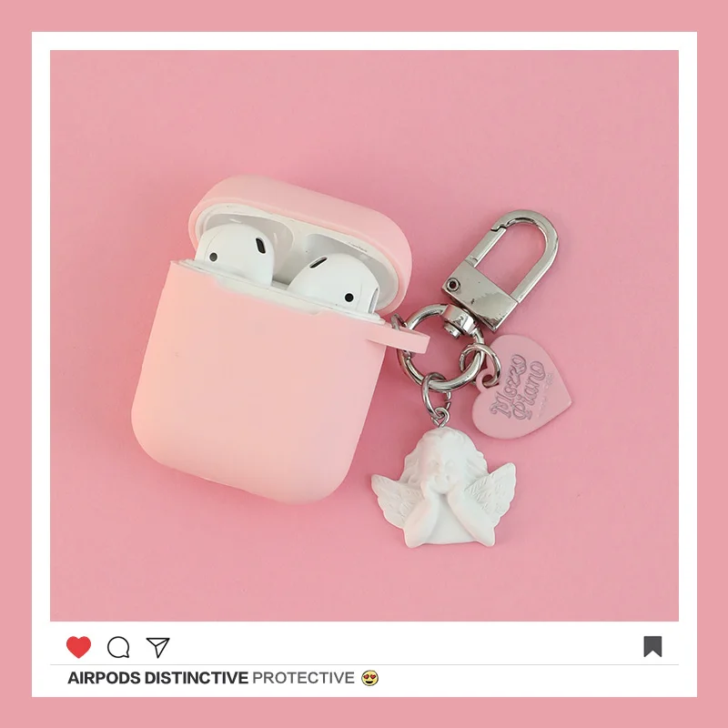 Pink Милый силиконовый чехол с кольцом для ключей в виде сердца и ангела для Apple Airpods, Bluetooth, беспроводные наушники, защитная крышка, коробка для наушников - Color: Pink