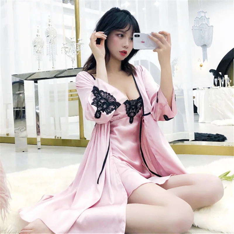 Pink Атласная одежда для сна, халат, комплект одежды для женщин, весенний банный халат, пеньюар, 2 предмета, пижама, шелковая Сексуальная женская пижама, домашняя одежда H853 - Цвет: Pink
