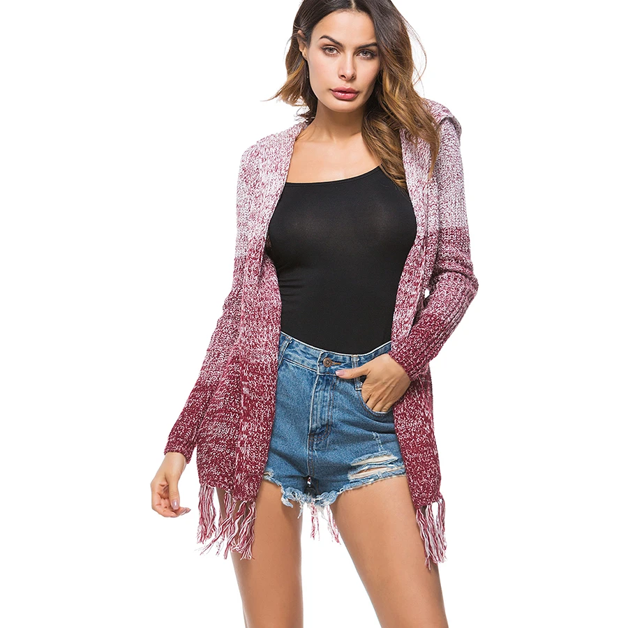 Women Cardigans Fincati 2018 Fashion Hooded Tassel Hem Knitted Open Stitch Gradient Color S-XL Oversize Sweater Coat |