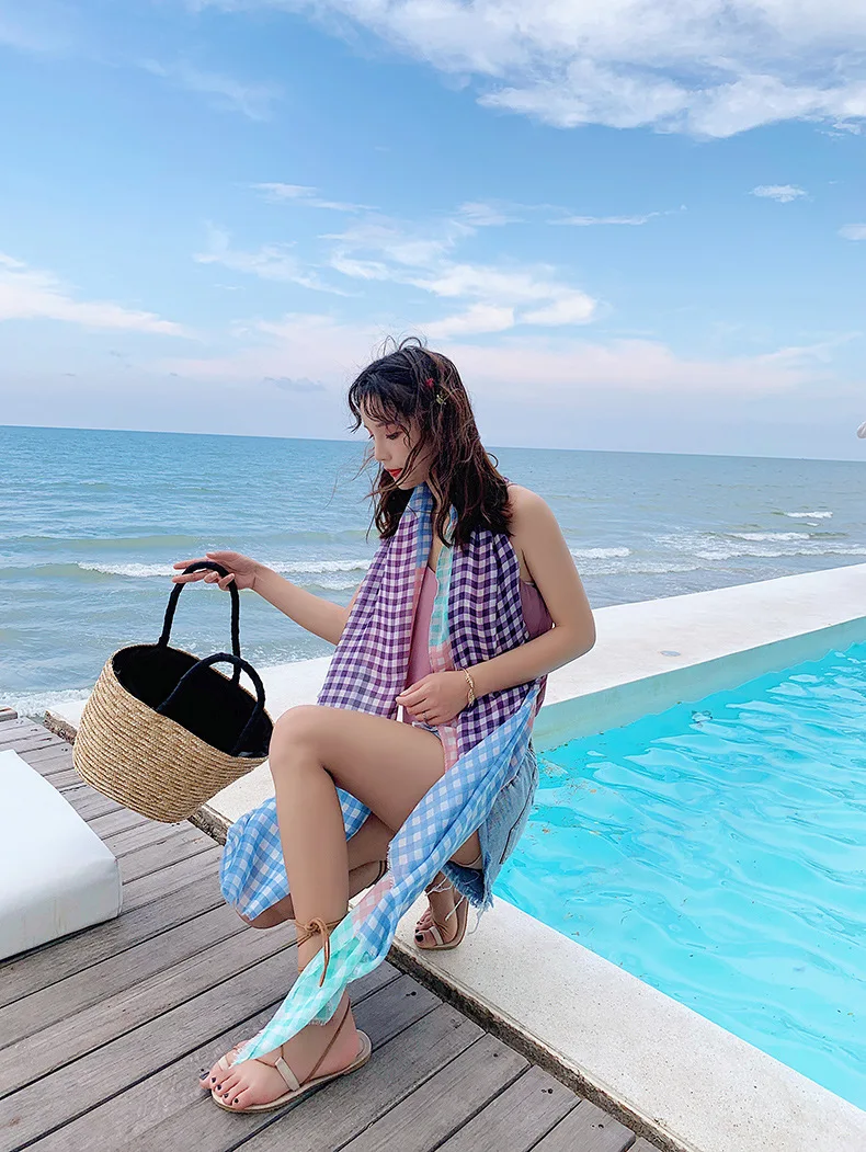 Cotton and Linen Scarf Women Spring Autumn Thin Blue Little Plaid Check Shawl Versatile New Travel Sunscreen Beach Towel |