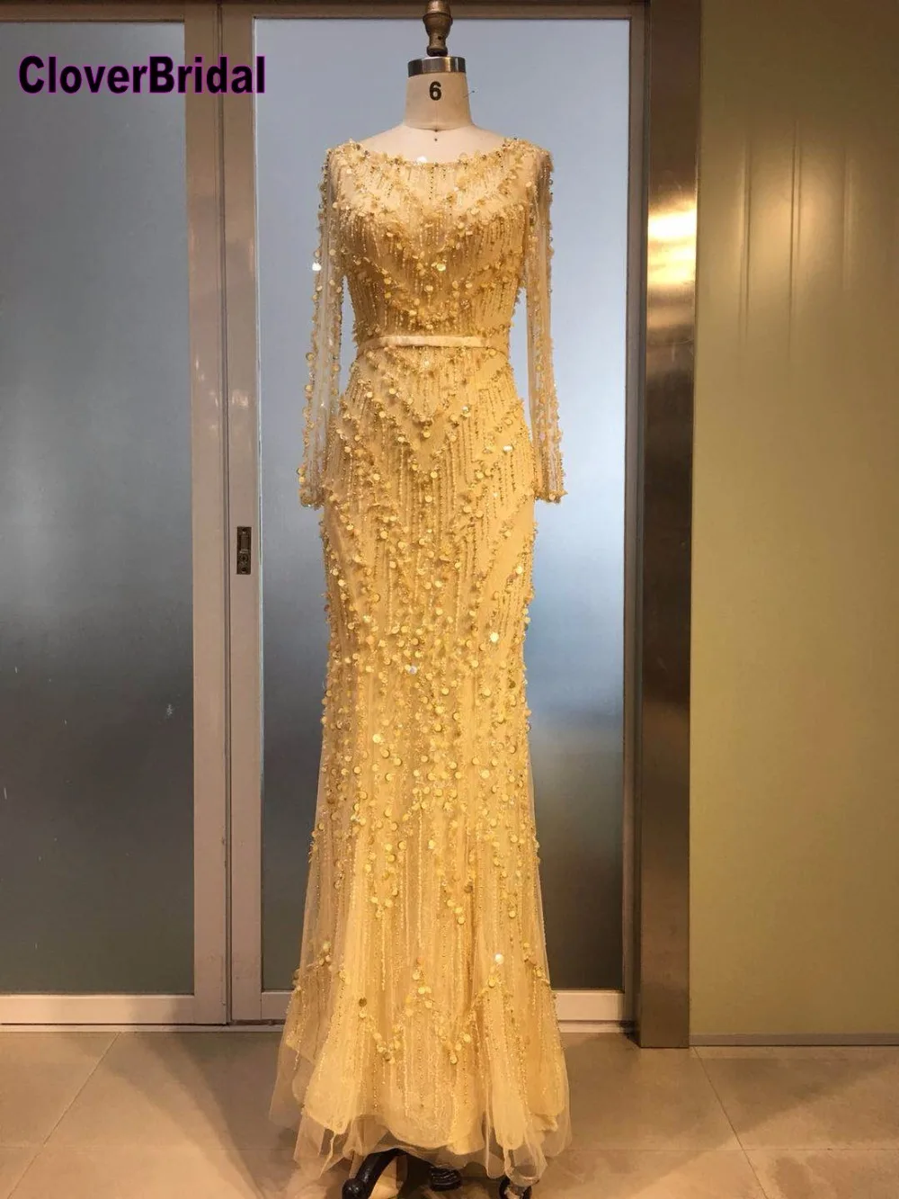 Высококачественное Золотое Платье CloverBridal с длинными рукавами и глубоким V