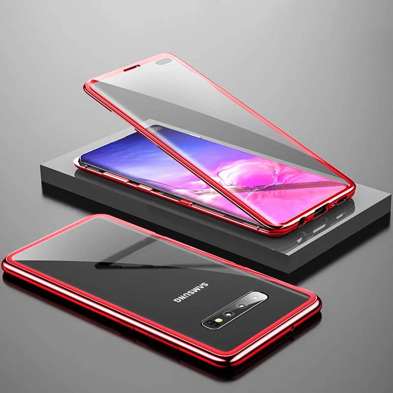 S 10Plus 10e 360 ° Магнитный чехол для samsung Galaxy s10 plus e s10e s10+ note 10 pro plus чехол с двойным лицом прозрачное стекло Твердый Чехол - Цвет: Red