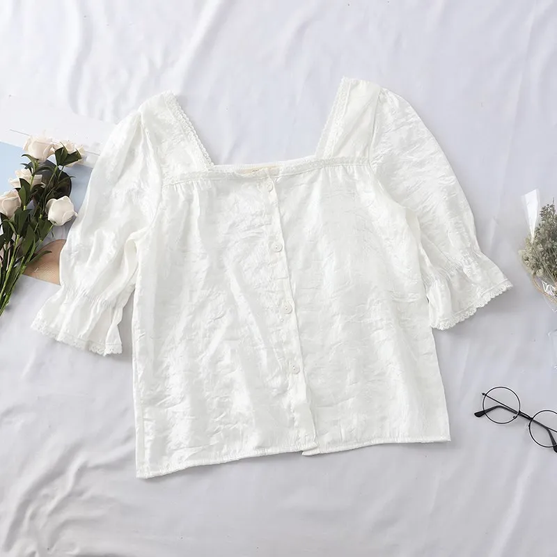 2019 Summer Fashion Streetwear Vintage Style Square Collar Metallic Satin Blouse Women Blusas Sweet Girls Shirt Tops |