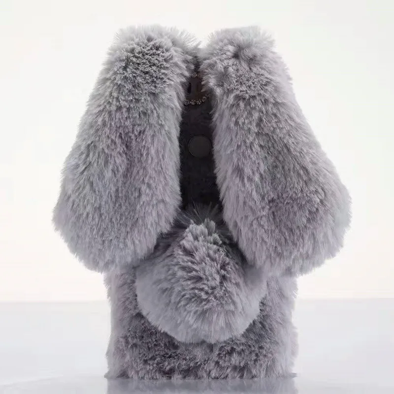 Ainike Luxury Warm Winter Hair Furry Bling Diamond Cover Smooth Soft Rabbit Ear Fur Back Case For LG 5 lg6 6 V30 V3 XCAM |