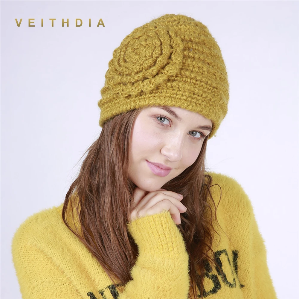 VEITHDIA 2019 ручная работа Осень зима вязаная шапка с цветком женские шапки Теплые