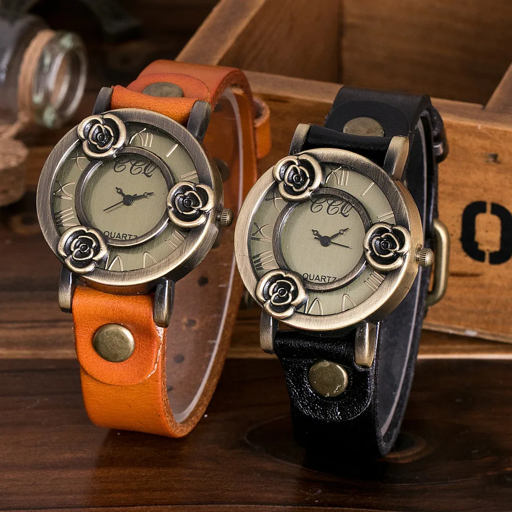 CCQ брендовые винтажные часы из коровьей кожи с цветком повседневные женские