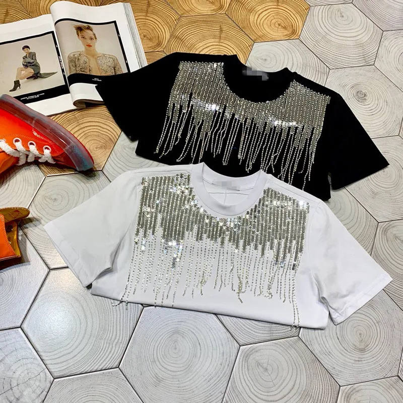 В Корейском стиле Футболка с пайетками для женщин 2021 летние топы кисточками и